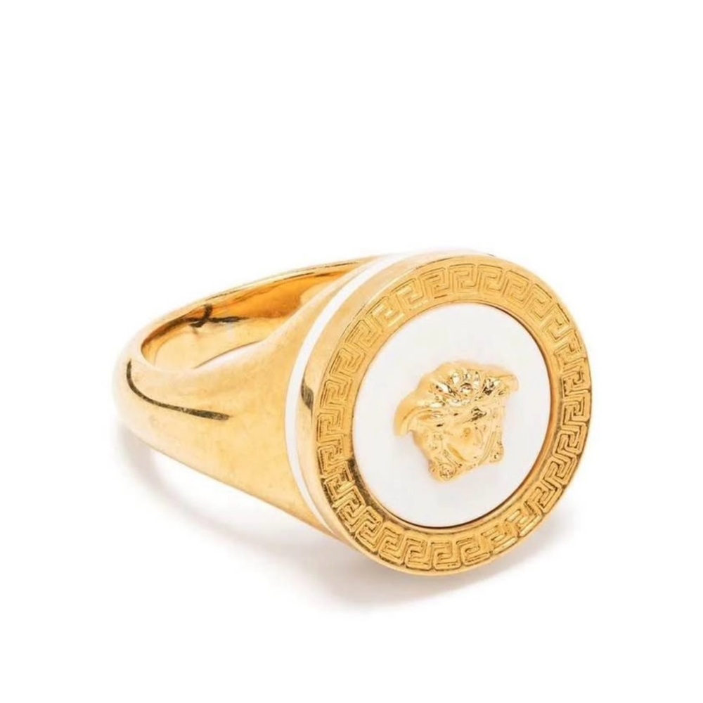 Versace Gold and White Jewelry Ring with Textured Emblem